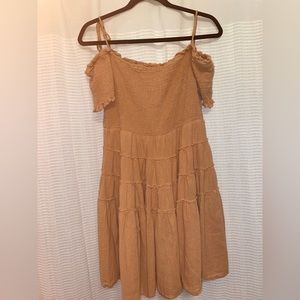 Free People off-the-shoulder dress in faded terra cotta, size medium.